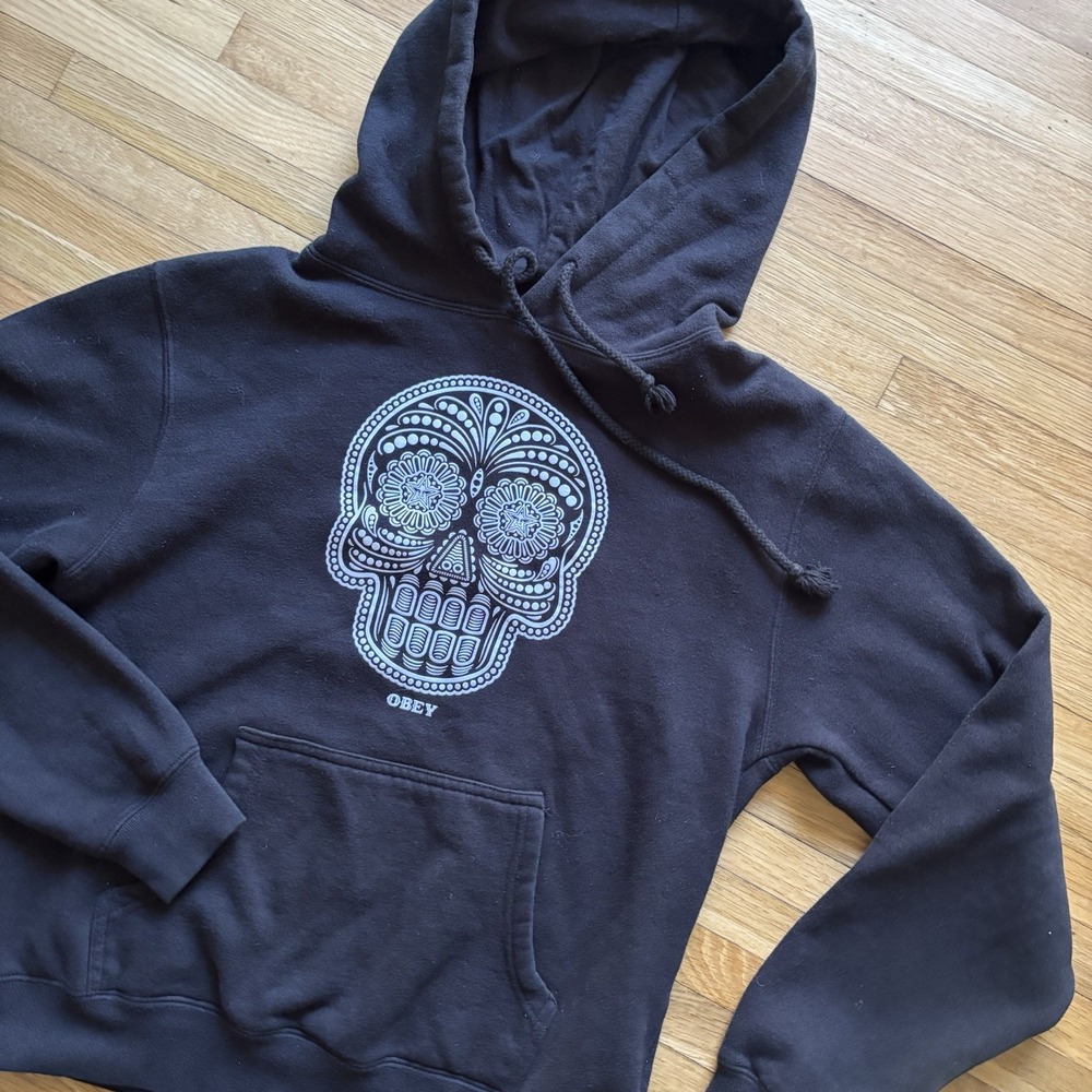 Obey Sugar Skull Hoodie Black‎ Medium Pullover Logo Streetwear Gothic Skeleton